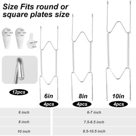 12pcs Plate Hangers for Wall, 6/8/10 Inch Invisible Spring Vertical Plate Holders W-Shaped Plate Hooks for Displaying Decorative Plates Antique Arts, Plate Dish Hanging Wires (Silver)