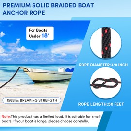 Premium Anchor Rope 50 ft x 3/8 inch, Solid Braid MFP Anchor Line Boat Rope Marine Rope,Boat Anchor Rope with Thimble & Shackle - Black/Red