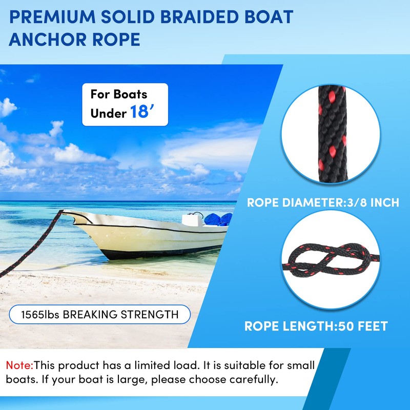 Premium Anchor Rope 50 ft x 3/8 inch, Solid Braid