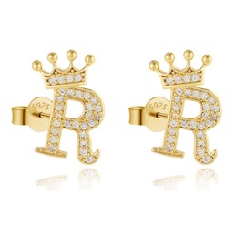Letter Stud Earrings Crown Earrings for Girls 925 Sterling Silver Cubic Zirconia Initial Stud Earrings Hypoallergenic Earrings for Women (R)