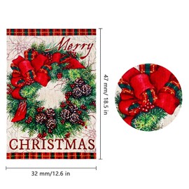 LUTER 12x18inch Merry Christmas Garden Garland Flag, Double Sided Burlap Plaid Edge Decorative Wreath Buffalo Burlap Garden Flags for Winter Outside Decorations Farm Yard Wall Decor
