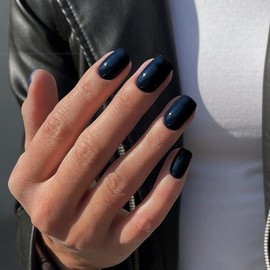 SXVME Deep Blue False Nails Medium Short Square, Press on Nails Medium Glossy Gel Fake Nails Solid Color Natural Fit Reusable Acrylic Stick on Nails for Women Daily Wear, in 24 Pcs