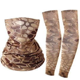 Arm Sleeves and Scarf Set for Men and Women, UV Protection, Arm Warmers, Multifunctional Scarf, Tube Scarf, Loop Scarf, for Outdoor Cycling, Running, Golf, Travel, Outdoor Sports, Khaki Python Pattern