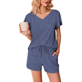 Ekouaer Women's Pajamas Set Ruffle Sleeves Sleepwear V Neck Comfy 2 Piece Pjs Loungewear Set with Pockets,Navy Blue,Small