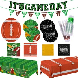 Football Party Supplies Kit for 24 Guests - Includes Large 12.5in Plates, Dessert Plates, Napkins, Cups, Banner and Touchdown Tablecloth - for Football Birthday and Tailgate Party Decorations