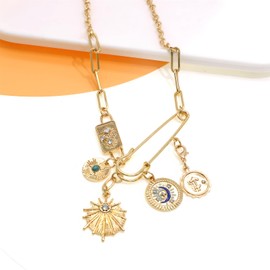 We We Chunky Antique Gold Plated Chain Charm Necklace for women Vintage Sun Stars Hearts Sea shell Starfish Beachy Boho Layers Charms Necklaces (coin star charm necklace)