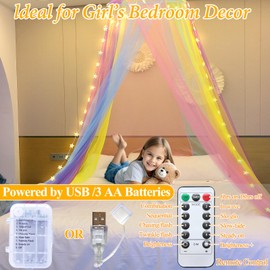 Lovelite Rainbow Bed Canopy for Girls, Canopy Bed Curtain with Warm White Star String Lights for Girls Bedroom, Dome Princess Canopy for Twin to King Size Kids Bed Decor