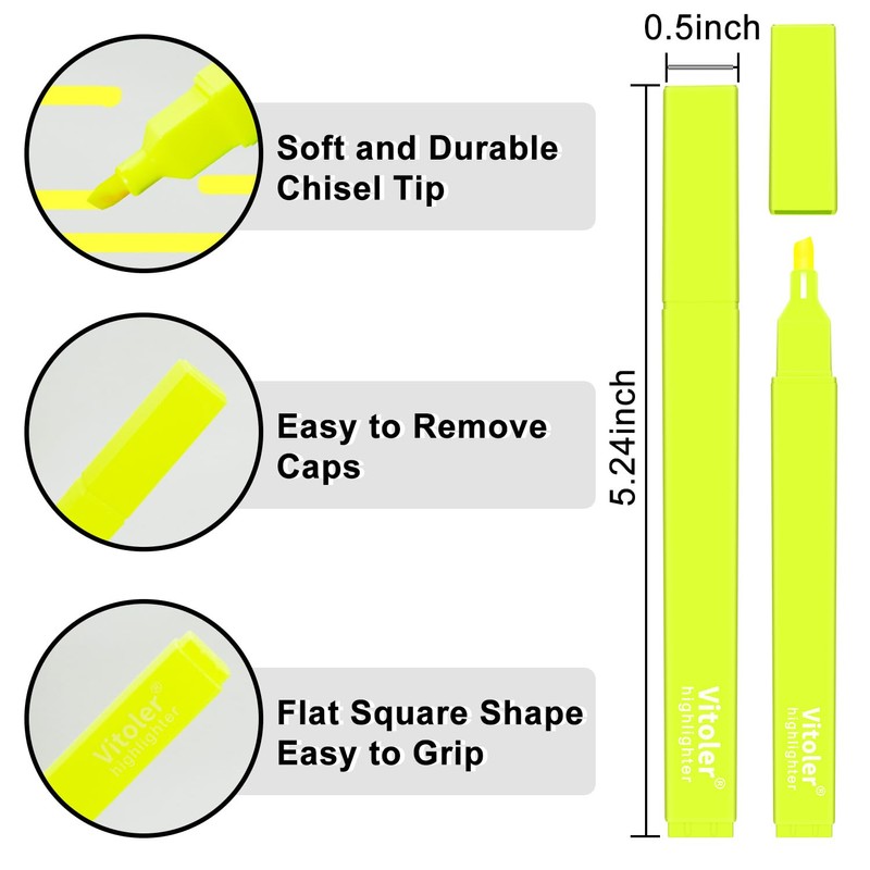 Vitoler Yellow Highlighter,5pcs Fluorescent Yellow Highlighter Chisel Tip,Cute Highlighters for