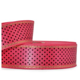 1 Pcs 1 1/8"W Polka Dot Gold Edge Stripe Double Face Satin Ribbon Pink Black 10 Yards, Polka Dot Ribbon for Gift Wrapping | #AA120RK