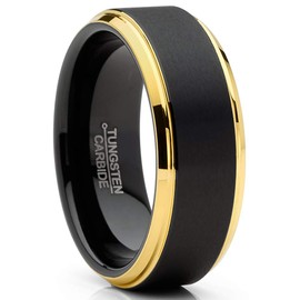 Metal Masters Co. Mens Tungsten Ring Wedding Band Beveled Edges Comfort-fit Black Goldtone 8MM 7