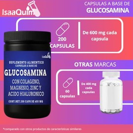 IsaaQuim Glucosamina con Colágeno, Citrato de Magnesio, Zinc y Ácido Hialurónico | 200 Cápsulas de 600 mg | Por Porción: 250 mg Glucosamina, 33 mg Áci
