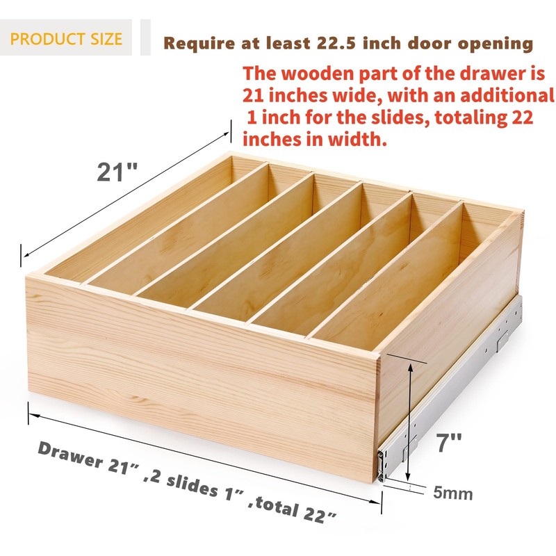 Mulush Pull Out Cabinet Organizer with Divider, 22''W×21''D×7''H Soft Close