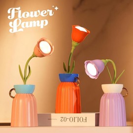 MARZIUS Rose Flower Desk Lamp - Infinite Dimming, Trichromatic Temperature, Rechargeable, Brightness Memory - Creative Decorative Ornaments with Adjustable Flowers (Pink)