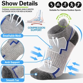 Welwoos Merino Wool Ankle Hiking Socks Thermal Warm Thick Winter Compression Support Running Cushion Athletic No Show Socks for Women Men Gifts Stocking Stuffers 6 Pairs(Light Grey,L)