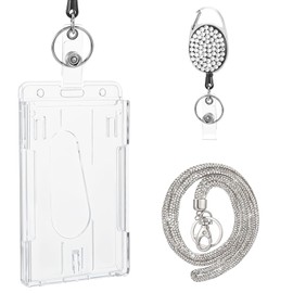 Heclia Retractable ID Badge Holder with Bling Neck Strap Lanyard Bling Badge Reel with Clear Card Holder Detachable Neck Strap Lanyard for Women Teacher Nurse Doctor Office Worker Silver