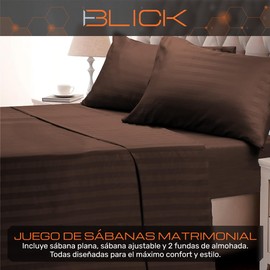 Blick Juego de Sabanas de Microfibra Ligera Supersuave Cepillada, sin Arrugas, 3000 Hilos, Diseño Rayado, Suave al Tacto, Facil de Lavar (Cafe, Matrimonial)