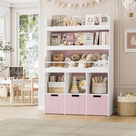 HITHOS 55.3"H Kids Bookshelf with Toy Storage Organizer, Tall Book Shelf with 3 Mobile Toy Storage Bins, Large Kids Bookcase with Toy Chest, 39.2"W Modern Toy Box for Kids Room, Playroom, Pink, White