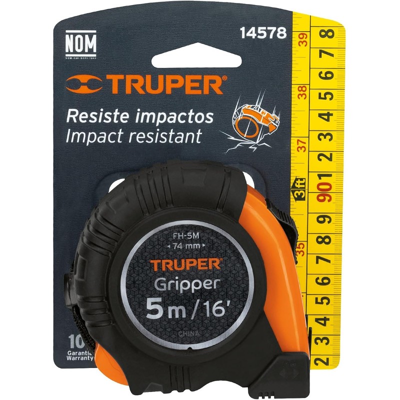 Truper FH-5M, Flexómetro Gripper, contra impacto, 5 m, cinta 19