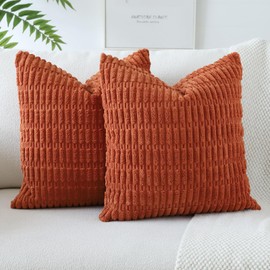 OTOSTAR Pack of 2 Corduroy Soft Decorative Throw Pillow Covers 18 x 18 Inch Soft Boho Striped Cushion Case Couch Farmhouse Home Decor Pillow Covers for Sofa Bed Living Room (Rust)