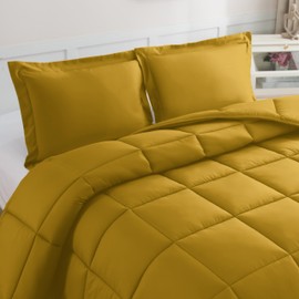 Elegant Comfort 3-Piece Box Stitched Down Alternative Comforter with Shams - Ultra Soft for All Season Duvet Insert with Corner Tabs, Plush Cozy 3PC Comforter Set, Full, Mustard Yellow
