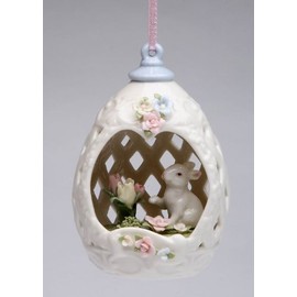Cosmos Gifts Fine Elegant Porcelain Bunny Rabbit with Tulips and Roses Inside Woven Weaved Egg Figurine, 4-1/4" H