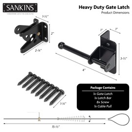 SANKINS Self-Locking Gate Latch with Spring Cable Pull for Wooden Fence Gate Heavy Duty, Post Mount Automatic Gravity Lever Gate Fence Door Latches for Wooden Fence Pool Garden Shed, Black, 2 Pcs