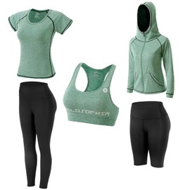 JULY'S SONG Women Workout Clothes Upgraded 5 Piece Yoga Suit Sportsuits Running Jogging Gym Workout Outfit Women's Activewear Sets Sports Exercise Fitness Clothing