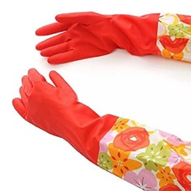 dependable 2 Pair  Decorative Lined Latex Dish Washing Gloves with Cuff Multi Use Kitchen