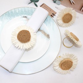 Davifina Napkin Rings Set of 4 Flower Napkin Rings,Sunflower Napkin Ring Farmshouse Dining Table Decor,White Floral Napkin Holders for Cloth Napkins,Rustic Napkin Ring Holders,Cloth Rings for Napkins