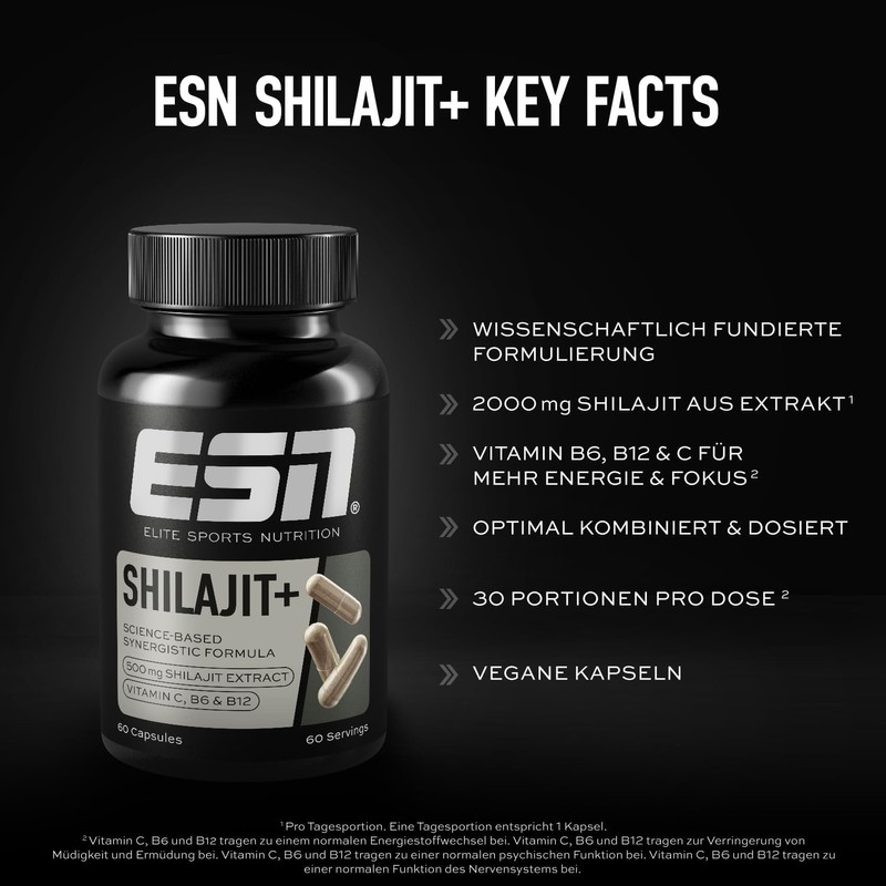 ESN Shilajit+, 60 Vegan Capsules, High Dose with 2000 mg