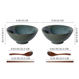 Ceraozmus 2X Ceramic Ramen Bowls - 40 oz - 20cm - With Spoon and Chopsticks for Ramen Soup Pho Udon Asian Noodles, Large Noodle Bowls(Green glaze 2 sets)