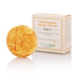 Duschkind Solid Shampoo Natural Cosmetics Mango Avocado Solid Shower Gel & Conditioner & Shaving Cream Vegan Formula 1 Piece 56 g for Normal & Curly Hair Recyclable Packaging