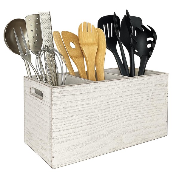 CB Accessories Utensil Holder in Rustic Wood for Farmhouse Kitchen