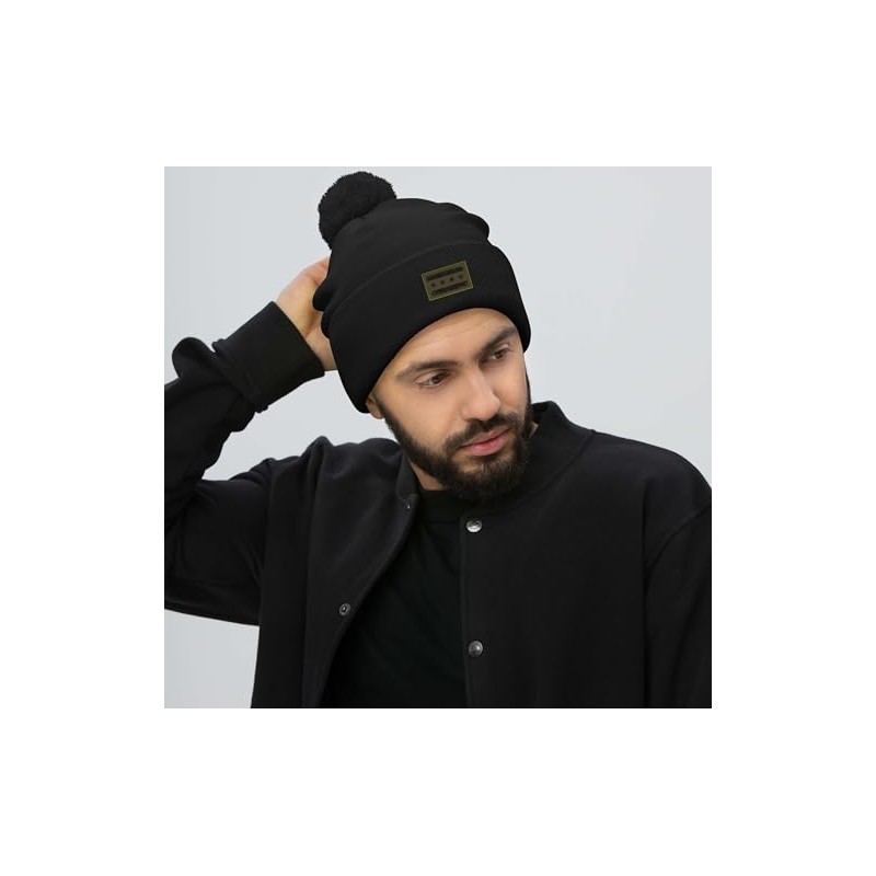 Chicago Flag Cuffed Pom Knit Hat Olive Green Patch Black