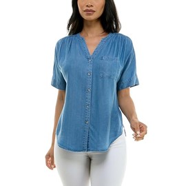 Zac & Rachel Women's Button Up Tencel Top with Short Sleeve and Front Tie Fashion Detail, Medium Wash
