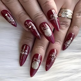 24Pcs Christmas Press on Nails Long Almond Nails Red Fake Nails Gold Christmas Tree Snowflake Bow Acrylic Nails Design Winter Holiday Xmas Full Cover False Nails Stick on Nails for Women and Girls