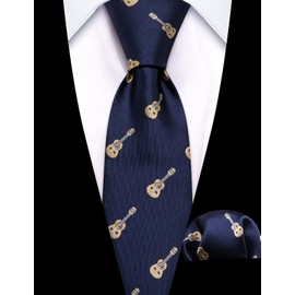 Barry.Wang Corbata para niño de seda regular, diseño de rayas sólidas, con bolsillo cuadrado, Guitarra azul, Talla única