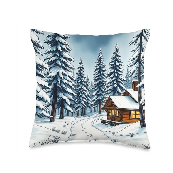 Snowy Trees and Cabin Throw Pillow