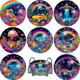8 Pcs Ocean Diamond Painting Drinks Coasters with Holder,Fantasy World Diamond Art Coasters with Wooden Pad for Adults Beginners,Round Drill Gem Painting Craft Kits for Adults Supplies Gift 4X4 Inch.