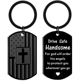 Qibote Birthday Gifts for Boyfriend Husband, Drive Safe Keychain for Him Men, Dog Tag Cross Gifts for Christmas Valentines Day (Black)