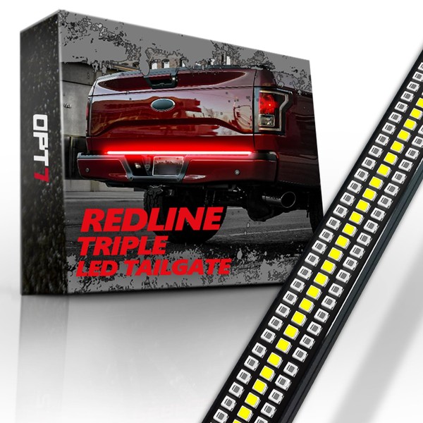 OPT7 60" Redline Triple Row LED Tailgate Light Bar w/Sequential RED Turn Signal - Weatherproof Rigid Aluminum Frame Light Strip for Trucks - No Drill Install - Full Function Reverse Brake Running
