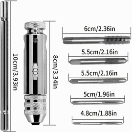 Tkxjry Tap Wrench Set, T-Handle Ratchet Tap x 1 + Tap x 5, Tool Holder with Sliding Handle, M3 / M4 / M5 / M6 / M8 Ratchet Tap Holder Key, HSS Thread Milling Set of 6