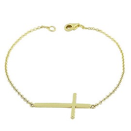925 Sterling Silver Yellow Gold-Tone Sideways Religious Cross Link Chain Bracelet