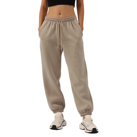 Amazhiyu Womens Fleece High Waisted Sweatpants Drawstring Lounge Joggers Pants Apricot, Large
