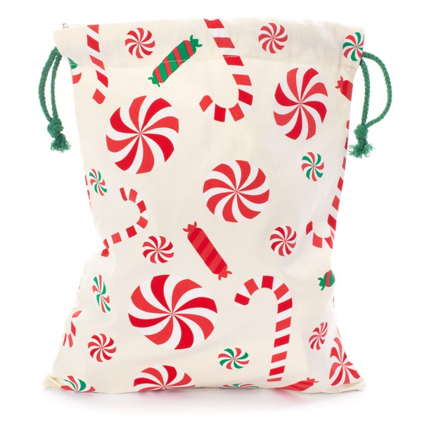 Pudgy Pedro's Party Supplies - Christmas Canvas Gift Bags - Large 16.5" x 13.5" - Cream Peppermint Candy Cane - Jumbo Fabric Present Stocking - 1 ct