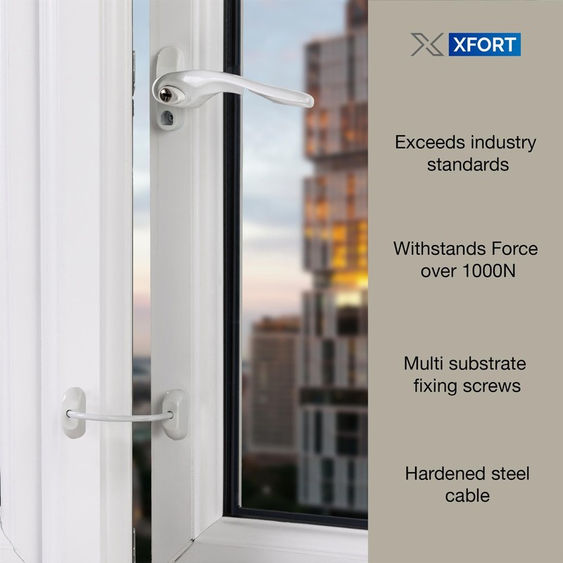 XFORT Viper Fixed Cable Window Restrictor in White, Durable Window