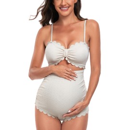 EastElegant Maternity One Piece Swimwear Back Cutout Pregnancy Bikini Scalloped Pregnant Bathing Suit, Beige, S