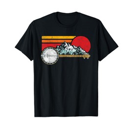 Retro Banjo Mountains & Sun Sketch Surf Style 80's Graphic T-Shirt