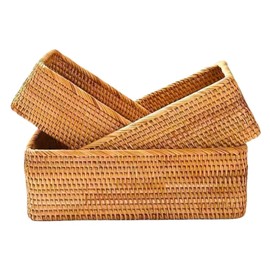 Natural Rattan Storage Baskets Set of 3 - Handwoven Wicker Organizers with Linen Liners, Multi-Use Decorative Bins for Kitchen/Bathroom/Living Room (Rectangular)