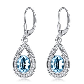 Aquamarine Blue Earrings for Women 925 Sterling Silver Teardrop Dangle Leverback Earrings with March Birthstone Oval Blue Crystal from Austria